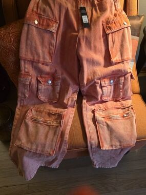 Fashion Nova Orange Cargo Wide Leg Jeans